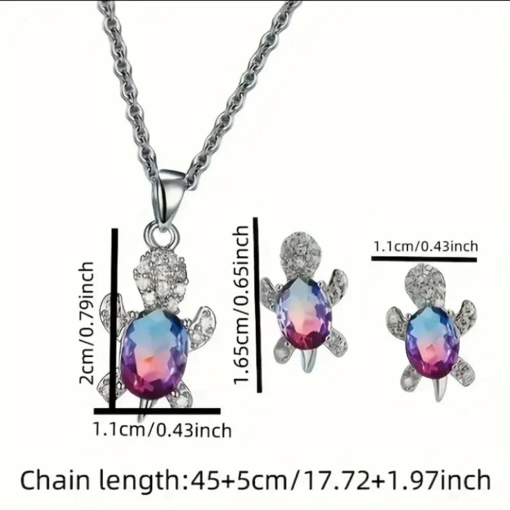 Silver Blue Diamond Turtle Necklace with Matching Earrings